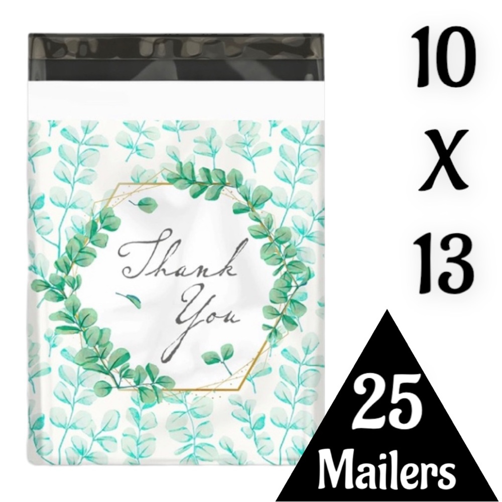 25 10X13 Poly Mailers Green Laurel Thank You Flat Shipping Envelopes - Picture 9 of 12